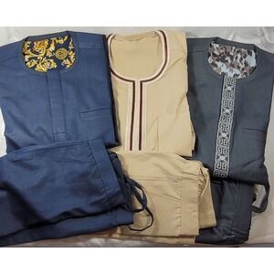LOT: 3 Men's Kurta Pant Sets - Navy, Tan, Black - 46" Chest - New in Pkgs